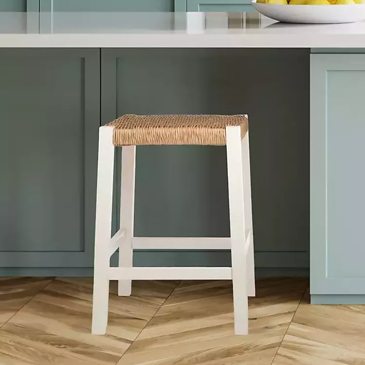 Bar Stools & Counter Height Stools-Kirklands Home White Newport Wood and Rattan Counter Stool Brown