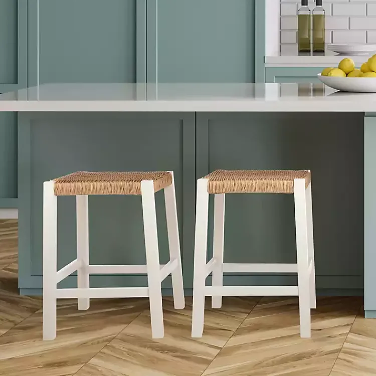 Bar Stools & Counter Height Stools-Kirklands Home White Newport Wood and Rattan Counter Stool Brown