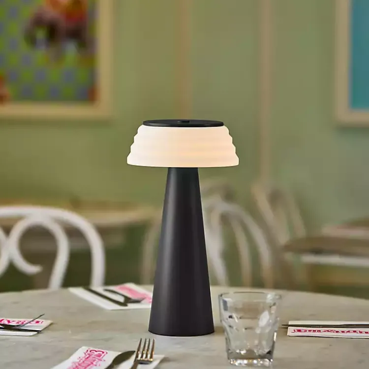 Outdoor Lighting-Kirklands Home Metal Cordless Lamp with White Ribbed Shade Black