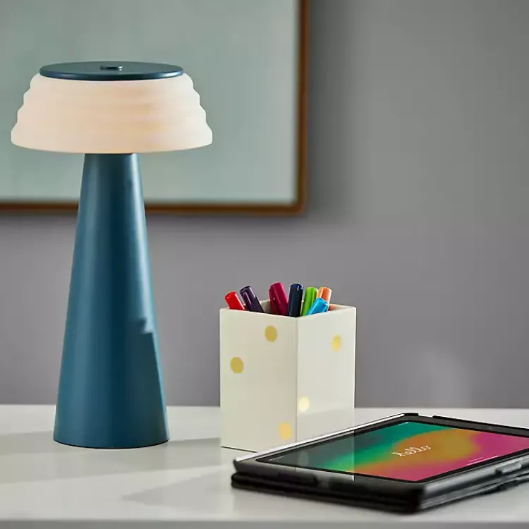 Outdoor Lighting-Kirklands Home Metal Cordless Lamp with White Ribbed Shade Blue