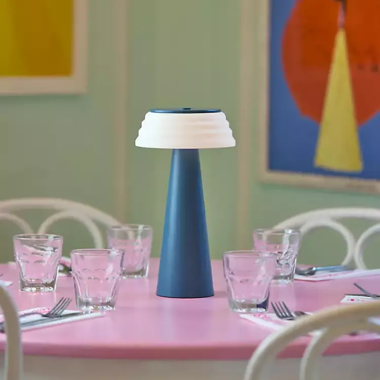 Outdoor Lighting-Kirklands Home Metal Cordless Lamp with White Ribbed Shade Blue