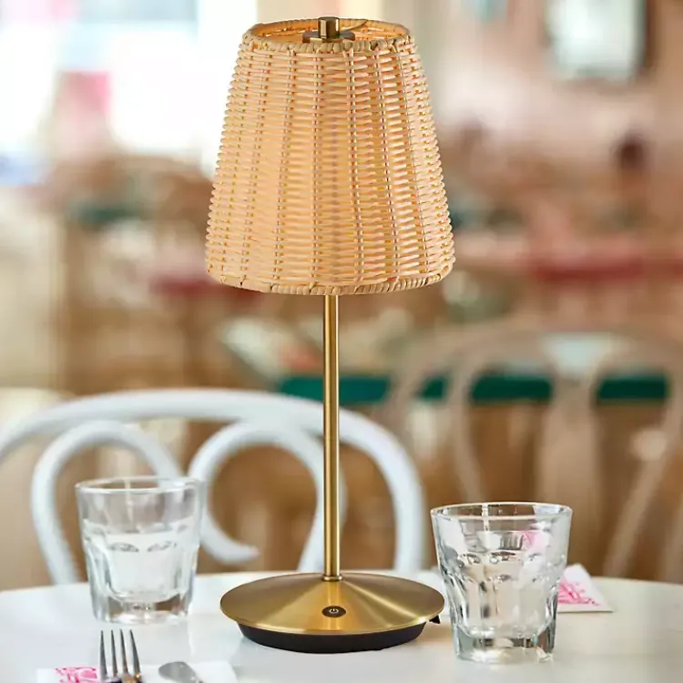 Outdoor Lighting-Kirklands Home Brass Metal Rattan Shade Cordless Table Lamp Gold