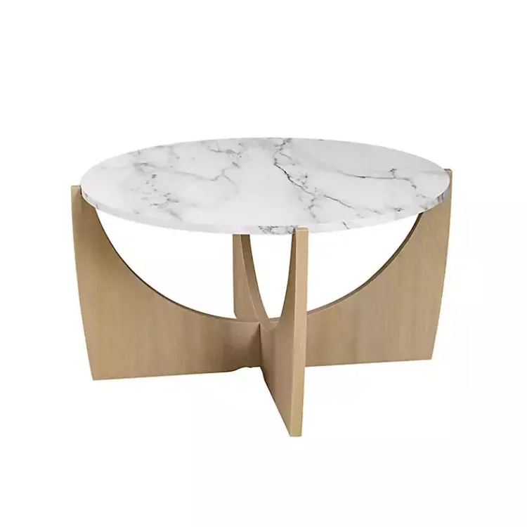 Coffee Tables-Kirklands Home Marble & Oak Open Base Round Coffee Table Tan