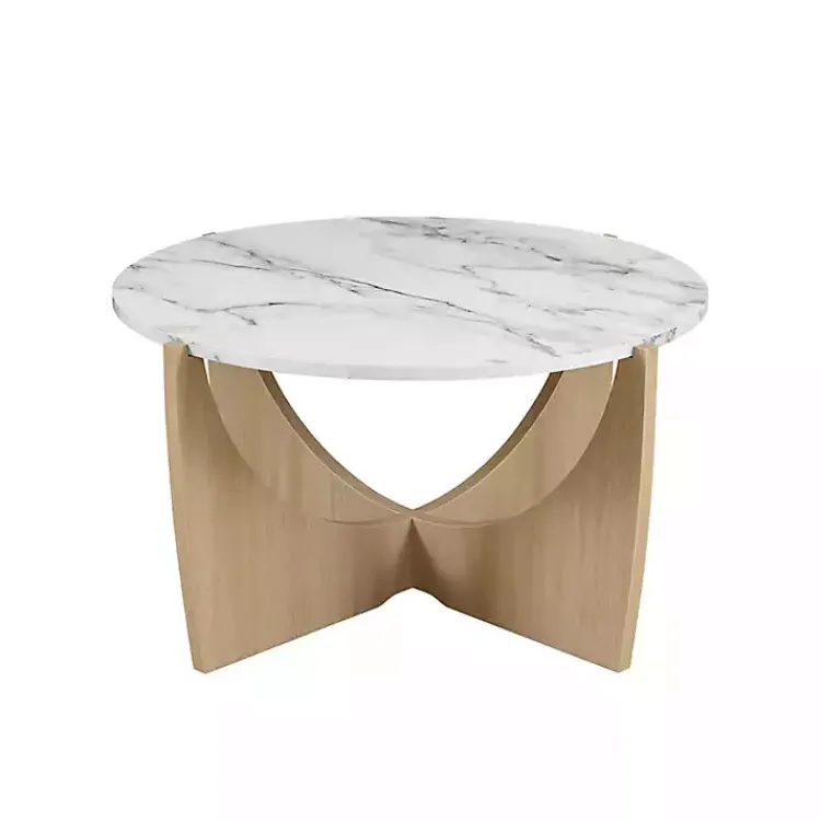 Coffee Tables-Kirklands Home Marble & Oak Open Base Round Coffee Table Tan