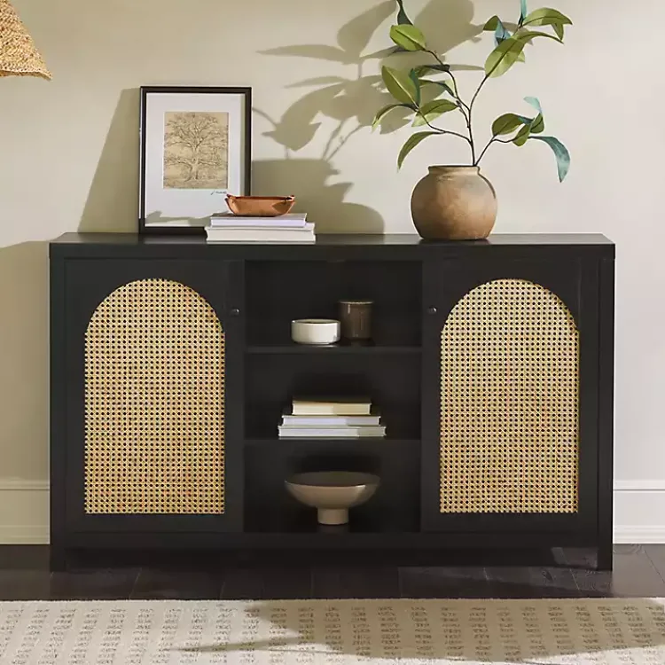 Cabinets & Sideboards-Kirklands Home Wood and Rattan 2-Door Sideboard Black