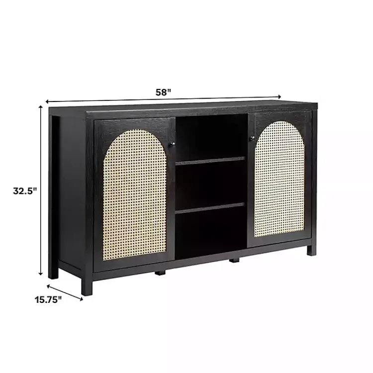 Cabinets & Sideboards-Kirklands Home Wood and Rattan 2-Door Sideboard Black