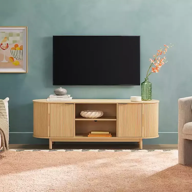 Tv Stands & Media Consoles-Kirklands Home Natural Wood Reeded Oval TV Sd Tan