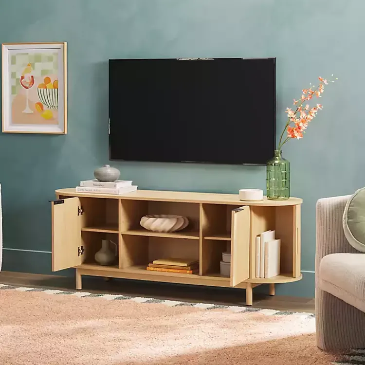 Tv Stands & Media Consoles-Kirklands Home Natural Wood Reeded Oval TV Sd Tan