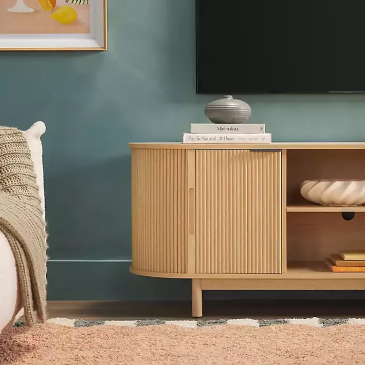 Tv Stands & Media Consoles-Kirklands Home Natural Wood Reeded Oval TV Sd Tan