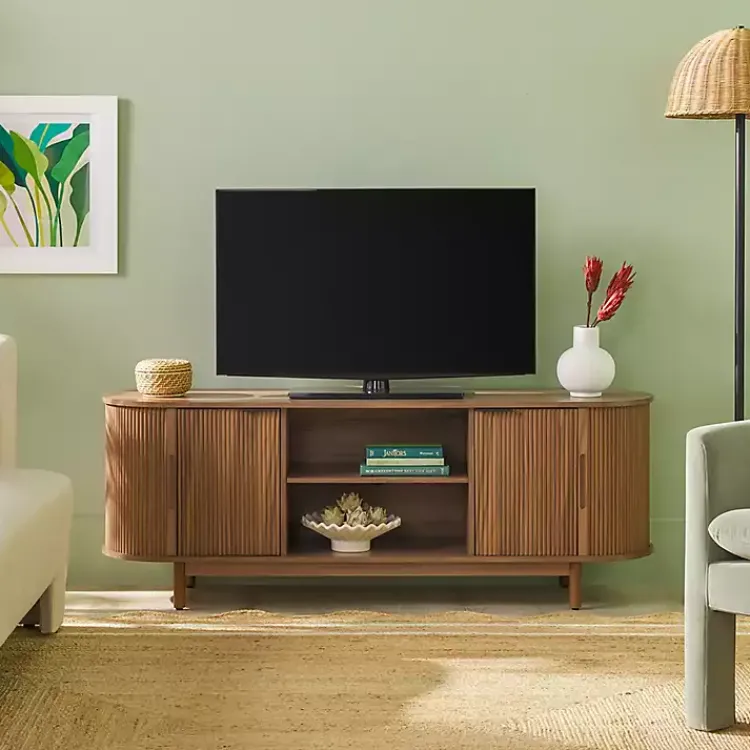 Tv Stands & Media Consoles-Kirklands Home Mocha Wood Reeded Oval TV Stand Brown