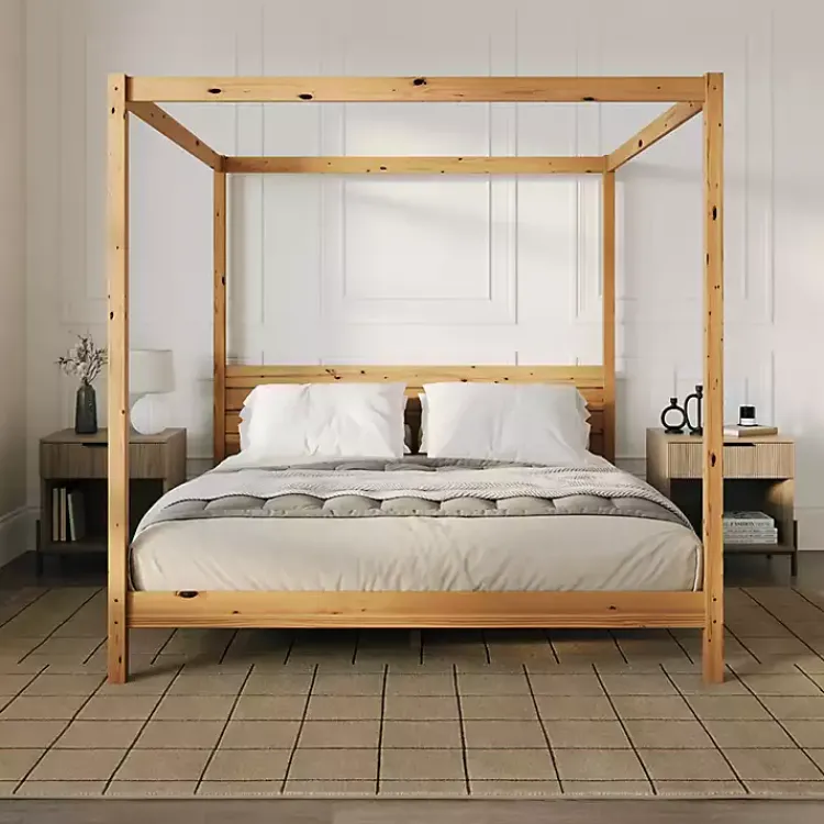 Beds & Headboards-Kirklands Home Natural Pine Canopy King Bed Tan