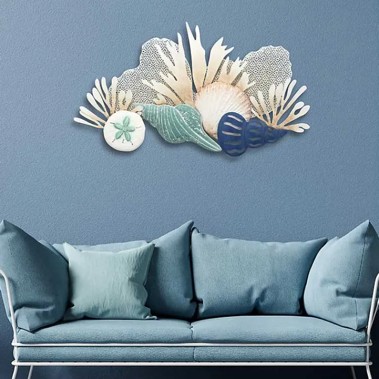Wall Plaques-Kirklands Home Blue Metal Reef and Shell Wall Plaque