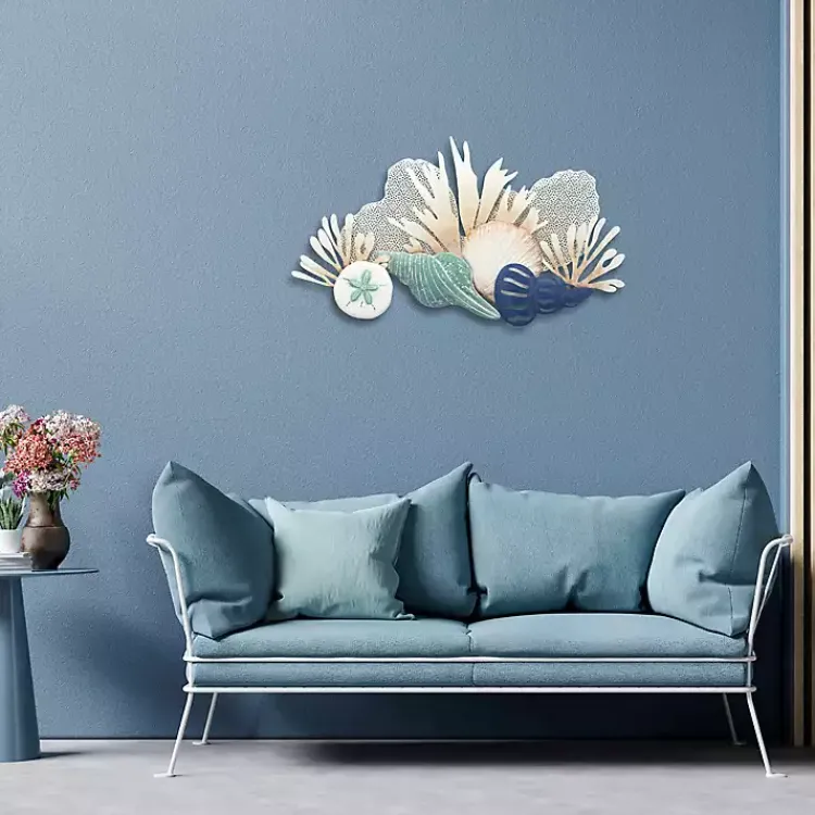 Wall Plaques-Kirklands Home Blue Metal Reef and Shell Wall Plaque