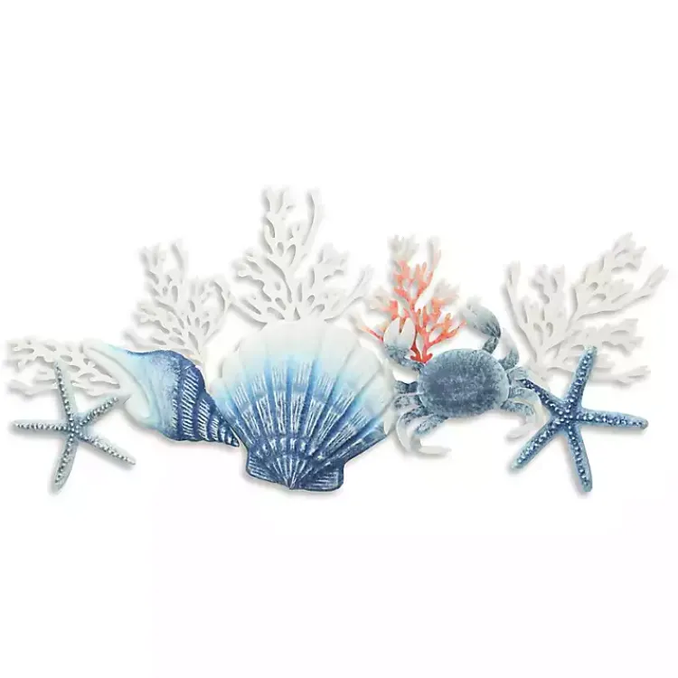 Wall Plaques-Kirklands Home Blue Metal Coral and Shell Wall Plaque