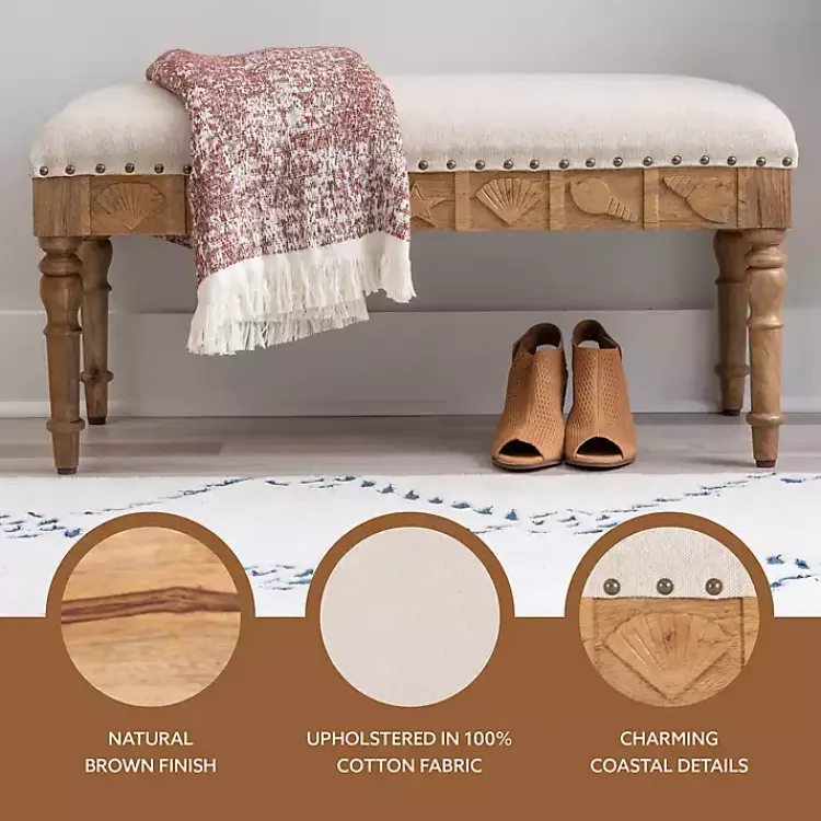 Benches & Ottomans-Kirklands Home Upholstered Seashell Wood Bench Ivory
