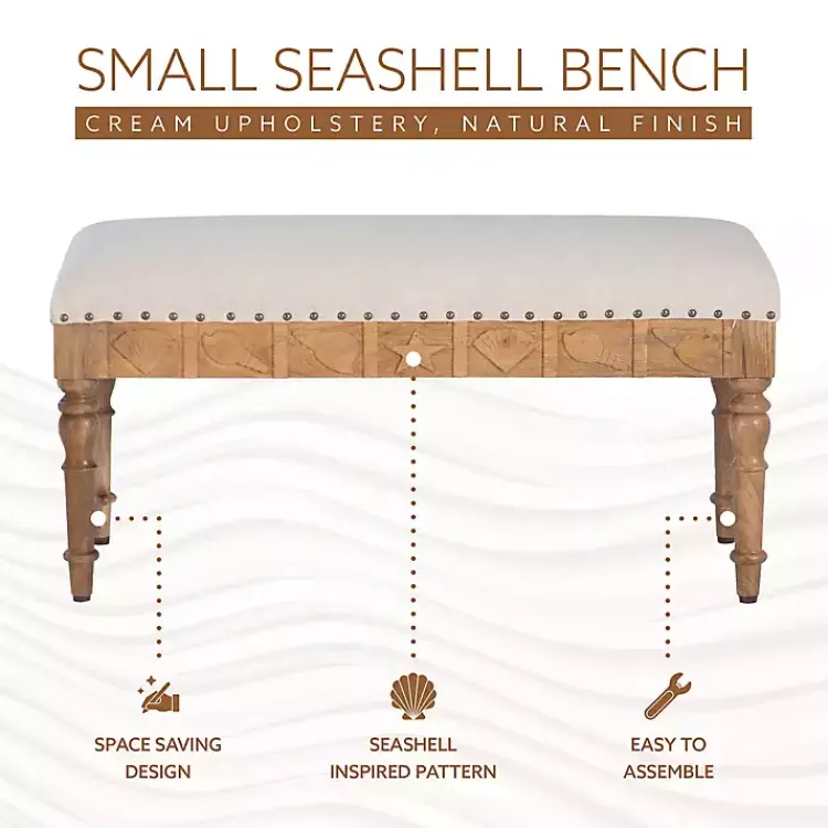Benches & Ottomans-Kirklands Home Upholstered Seashell Wood Bench Ivory
