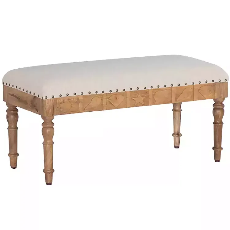 Benches & Ottomans-Kirklands Home Upholstered Seashell Wood Bench Ivory