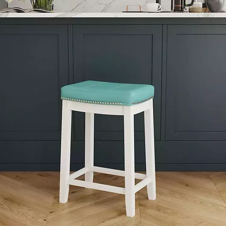 Bar Stools & Counter Height Stools-Kirklands Home Teal Faux Leather Claridge Counter Stool Blue