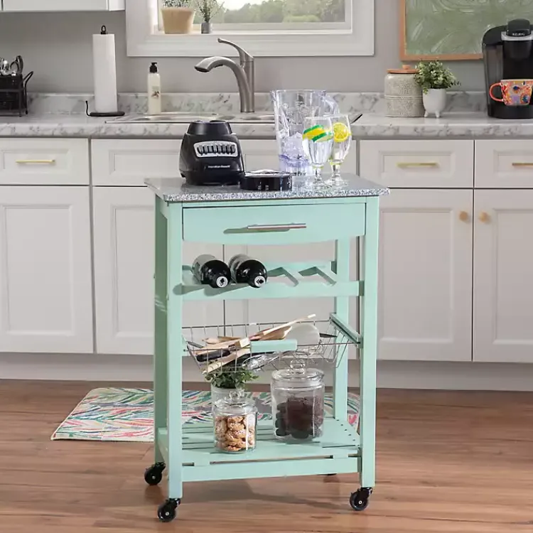 Kitchen Islands & Bar Carts-Kirklands Home Mint Rolling Kitchen Cart with Granite Top Green