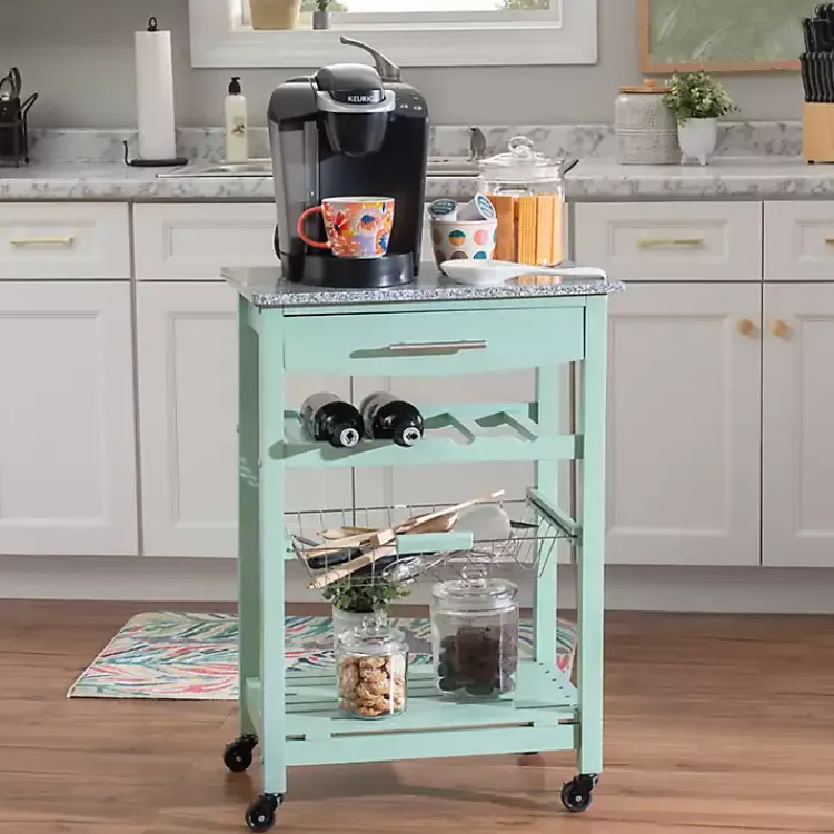 Kitchen Islands & Bar Carts-Kirklands Home Mint Rolling Kitchen Cart with Granite Top Green