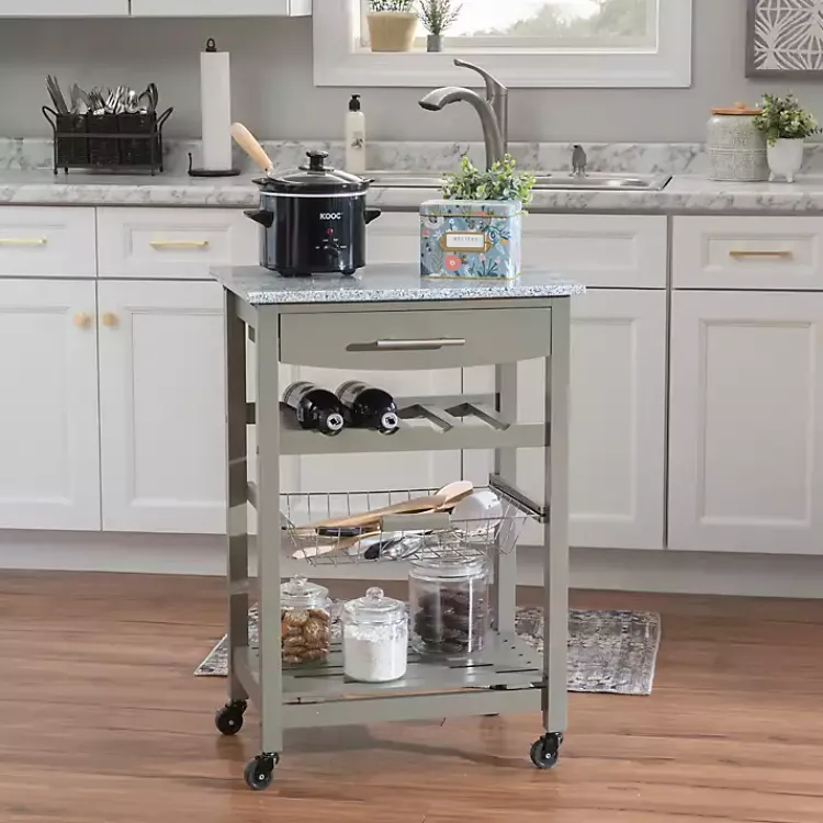 Kitchen Islands & Bar Carts-Kirklands Home Warm Rolling Kitchen Cart with Granite Top Gray