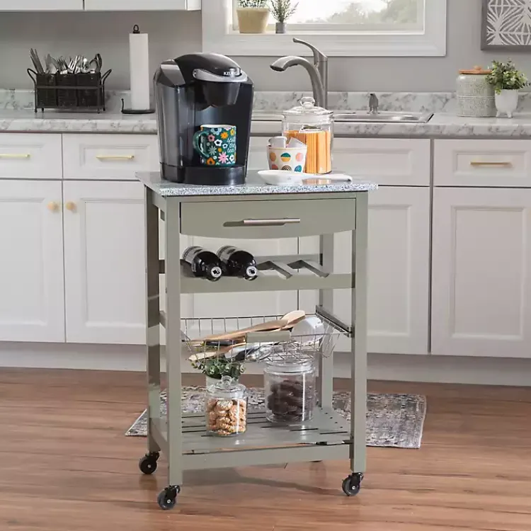 Kitchen Islands & Bar Carts-Kirklands Home Warm Rolling Kitchen Cart with Granite Top Gray