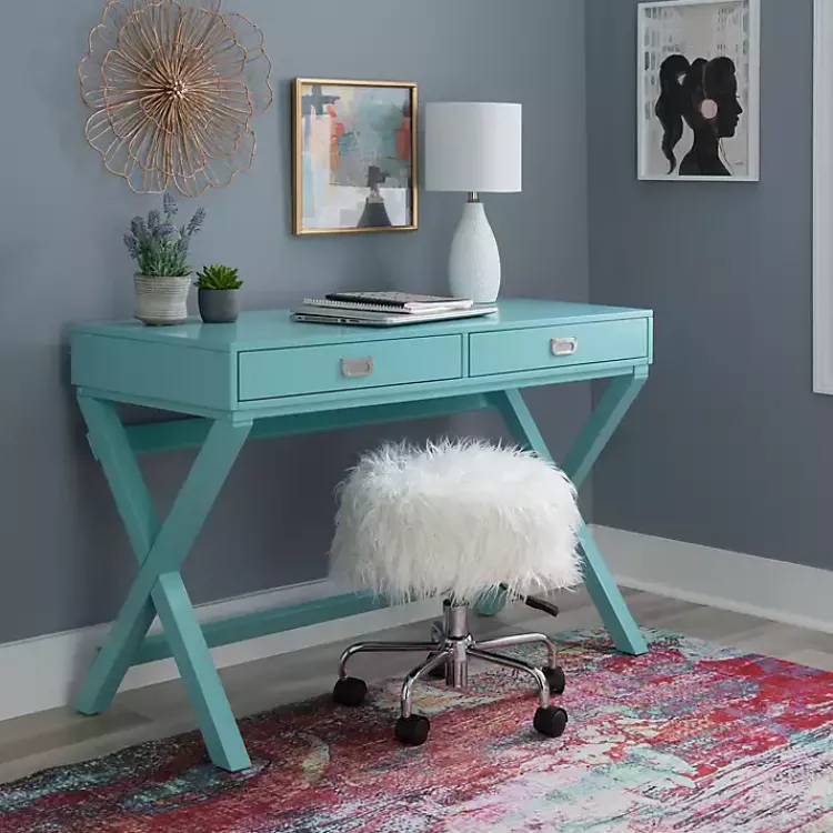 Office Furniture-Kirklands Home Turquoise Wood 2-Drawer Peggy Desk Blue