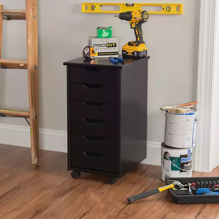 Office Furniture-Kirklands Home Wood 6-Drawer Cary Storage Cart Black