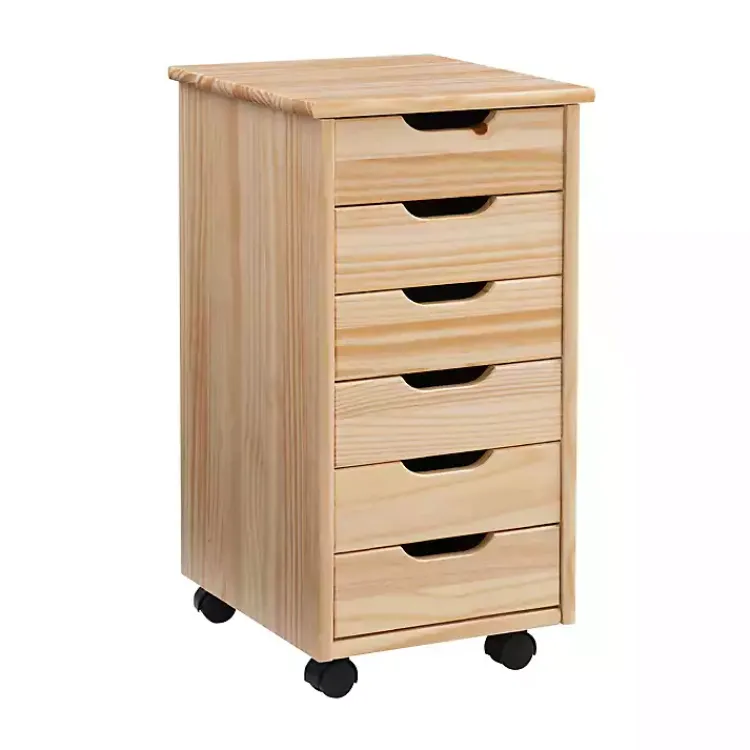 Office Furniture-Kirklands Home Natural Wood 6-Drawer Cary Storage Cart Tan