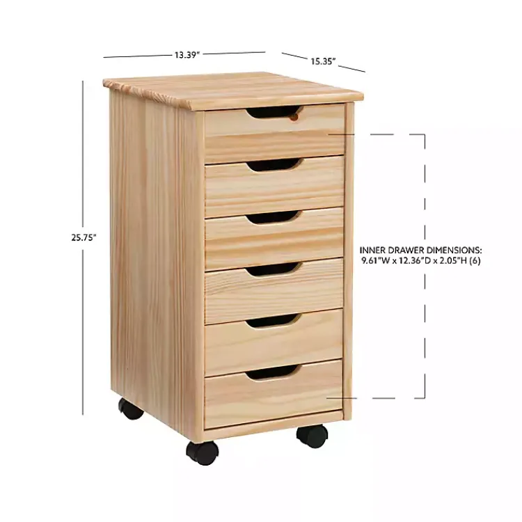 Office Furniture-Kirklands Home Natural Wood 6-Drawer Cary Storage Cart Tan