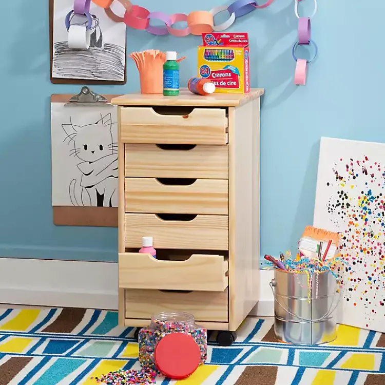 Office Furniture-Kirklands Home Natural Wood 6-Drawer Cary Storage Cart Tan