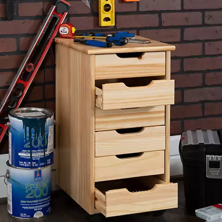 Office Furniture-Kirklands Home Natural Wood 6-Drawer Cary Storage Cart Tan