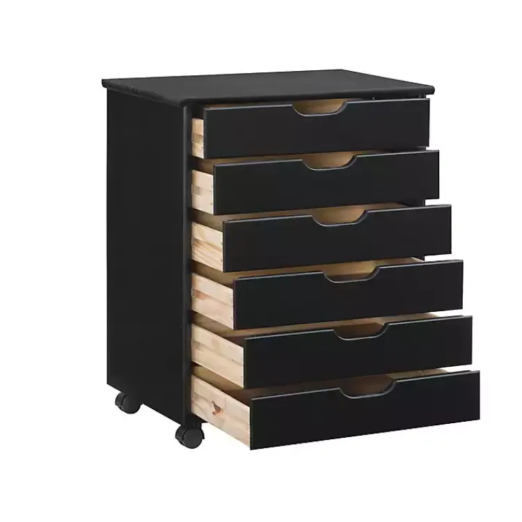 Office Furniture-Kirklands Home Wood Wide 6-Drawer Cary Storage Cart Black
