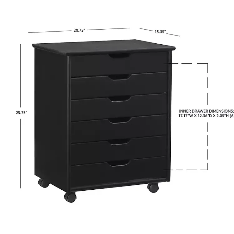 Office Furniture-Kirklands Home Wood Wide 6-Drawer Cary Storage Cart Black