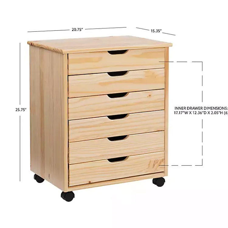 Office Furniture-Kirklands Home Natural Wood Wide 6-Drawer Cary Storage Cart Tan