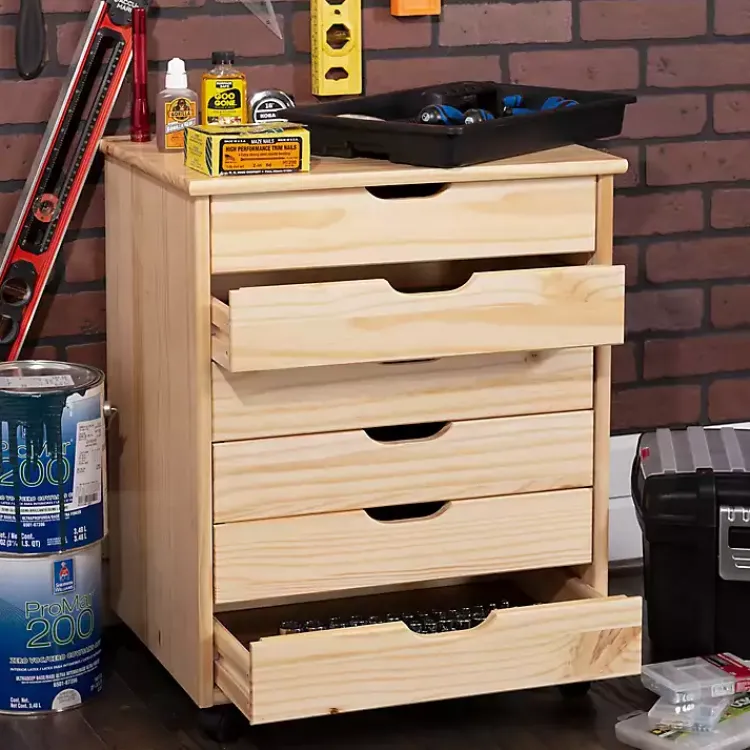 Office Furniture-Kirklands Home Natural Wood Wide 6-Drawer Cary Storage Cart Tan