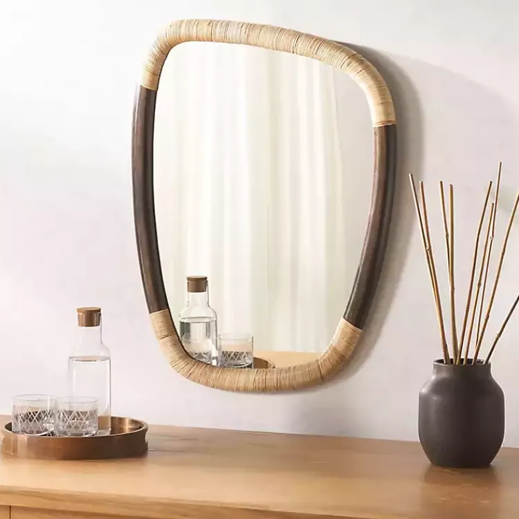 Decorative Mirrors-Kirklands Home Dark Wood and Natural Cane Abstract Wall Mirror