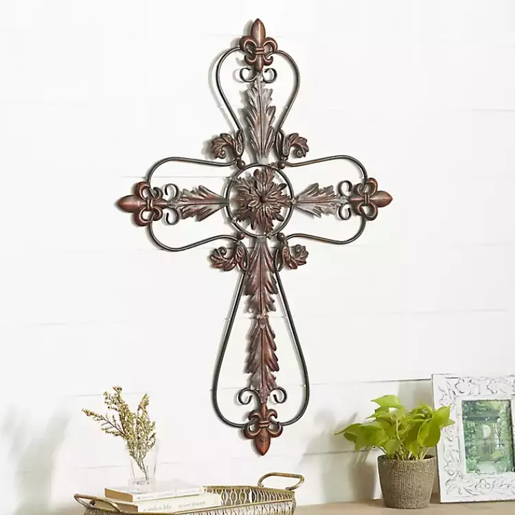 Wall Plaques-Kirklands Home Fleur De Lis Metal Cross Wall Plaque Brown