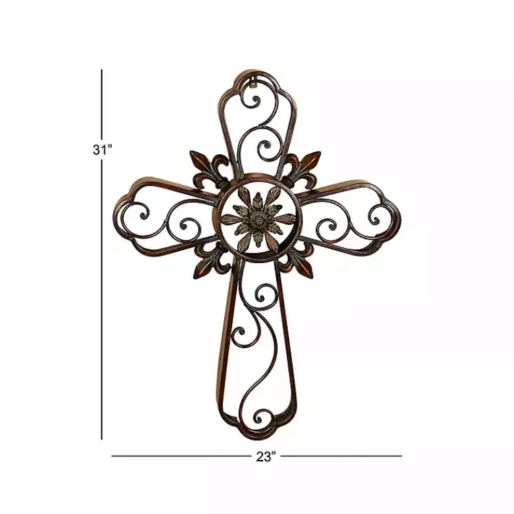Wall Plaques-Kirklands Home Fleur De Lis Traditional Metal Cross Wall Plaque Brown