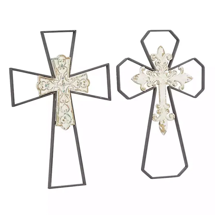 Wall Plaques-Kirklands Home White Wood and Metal Cross Wall Plaques, Set of 2