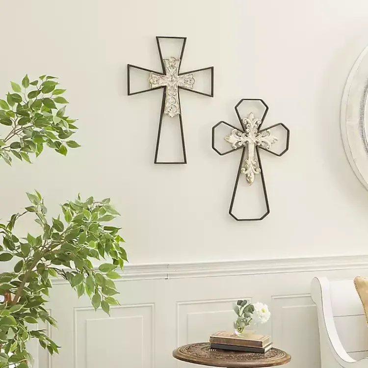 Wall Plaques-Kirklands Home White Wood and Metal Cross Wall Plaques, Set of 2