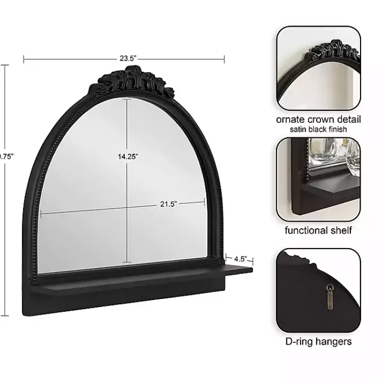 Decorative Mirrors-Kirklands Home Black Ornate Arch Wall Mirror with Shelf