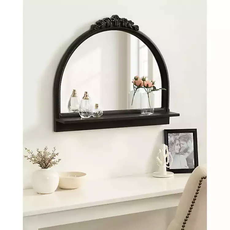 Decorative Mirrors-Kirklands Home Black Ornate Arch Wall Mirror with Shelf