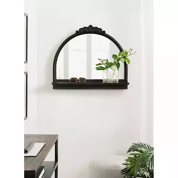 Decorative Mirrors-Kirklands Home Black Ornate Arch Wall Mirror with Shelf