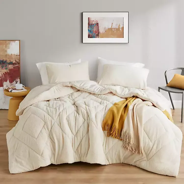 Comforters-Kirklands Home Cream Quilted Teddy 3-pc. King Comforter Set Ivory