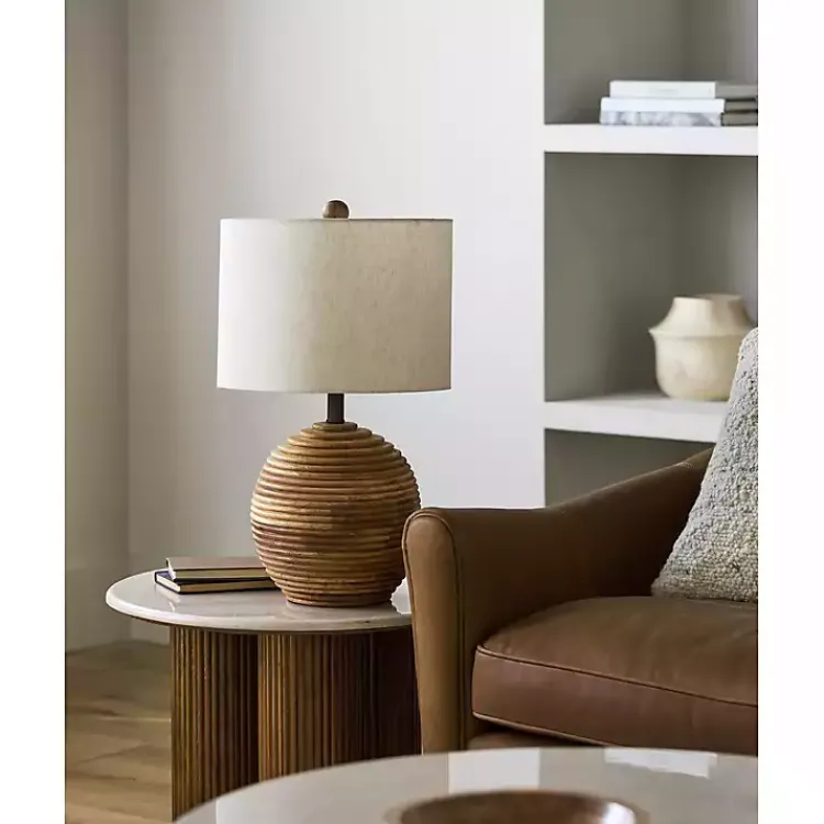 Table Lamps-Kirklands Home Acacia Wood Ribbed Polo Table Lamp Ivory
