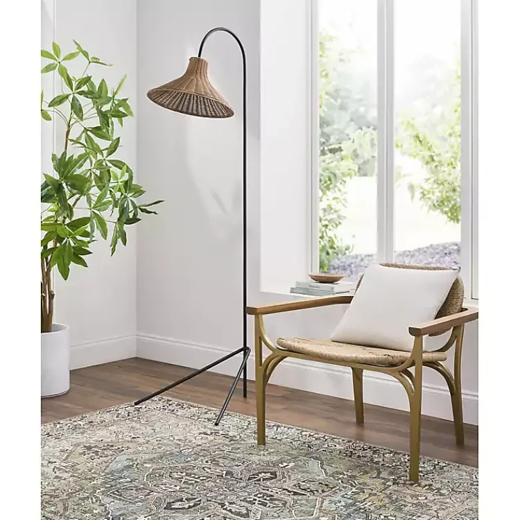 Floor Lamps-Kirklands Home Black Metal Jeri Floor Lamp with Rat Shade Tan