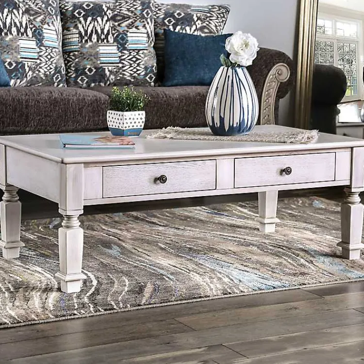 Coffee Tables-Kirklands Home Antique Wood 4-Drawer Heather Coffee Table White