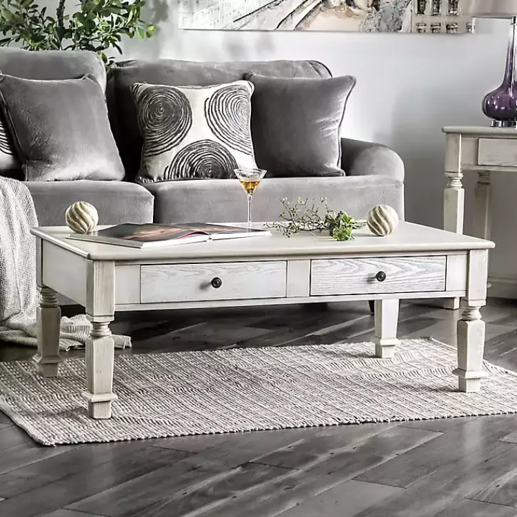 Coffee Tables-Kirklands Home Antique Wood 4-Drawer Heather Coffee Table White