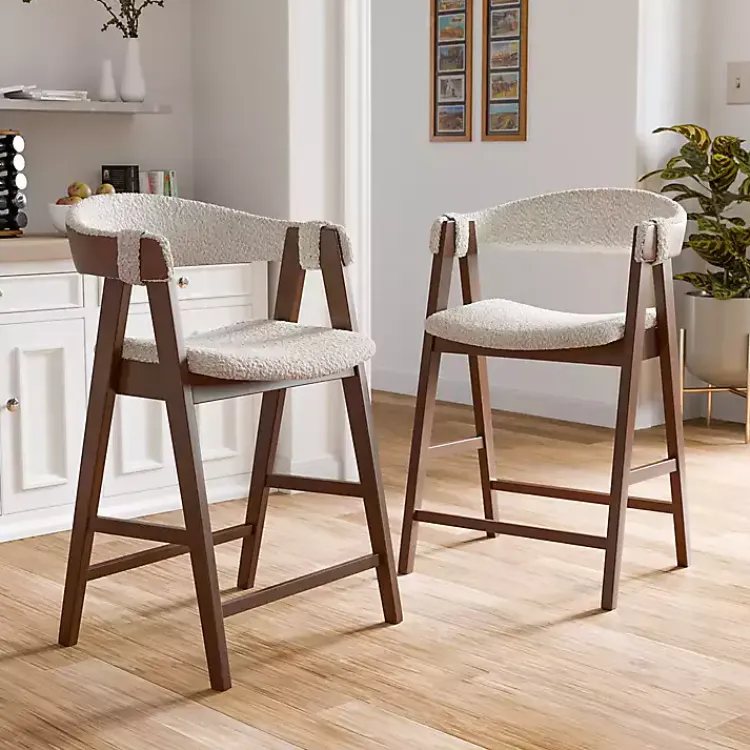 Bar Stools & Counter Height Stools-Kirklands Home Boucle Wood Penny Counter Stools, Set of 2 White